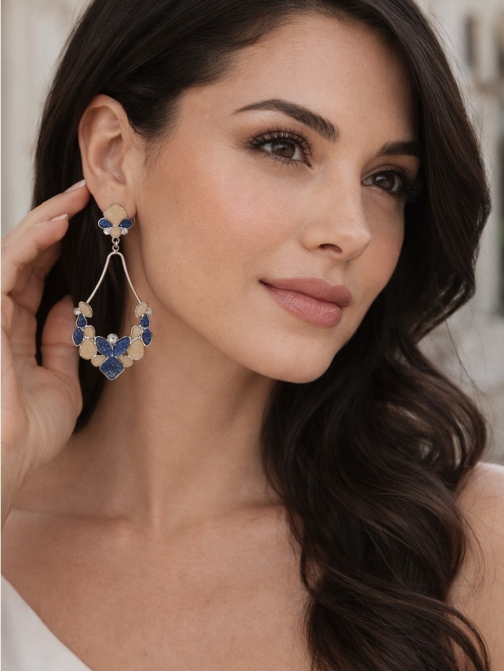 Blue & Beige Statement Drop Earrings | Silver Tone | Boutique Style